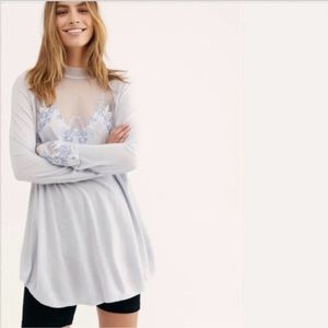 Free People Saheli Embroidered Mesh Blue Top